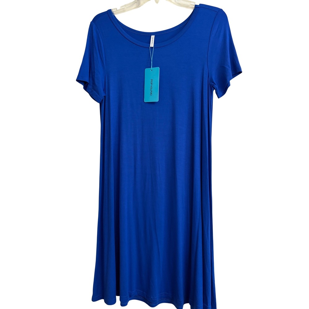 New POPYOUNG Royal Blue Short Sleeve Scoop Neck Swing T-Shirt Dress Sz Medium